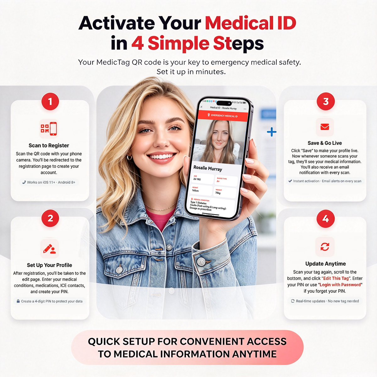 Sport Medical ID Bracelet with QR Code for Women Men-Online medical condition card, no subscription fee