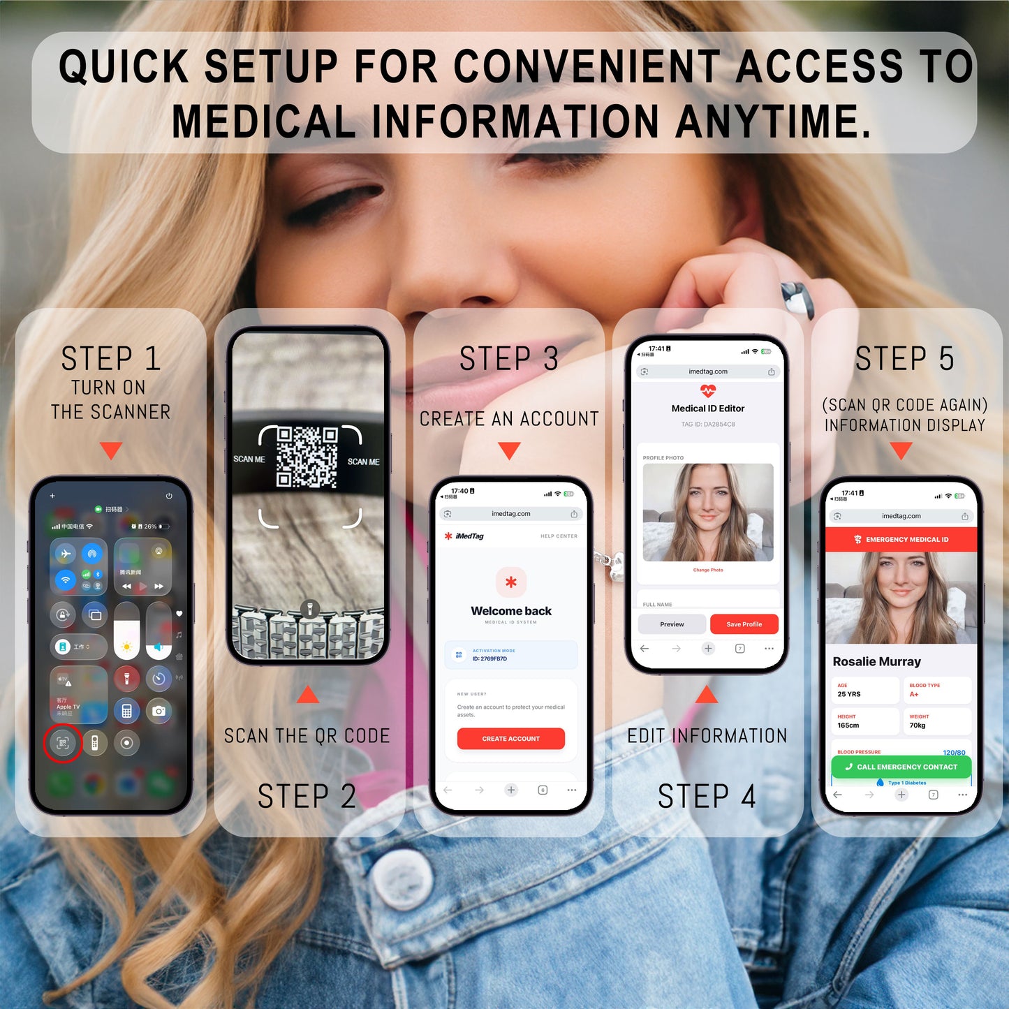 Medical Alert Bracelet with QR Code for women and girls Stainless steel Heart charm Medical id bracelet