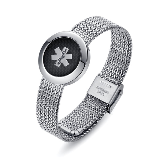 Fashionable Medical alert bracelets for women with customize engraving-set Black carbon fiber or MOP, glittering medical id jewelry with crystal edges