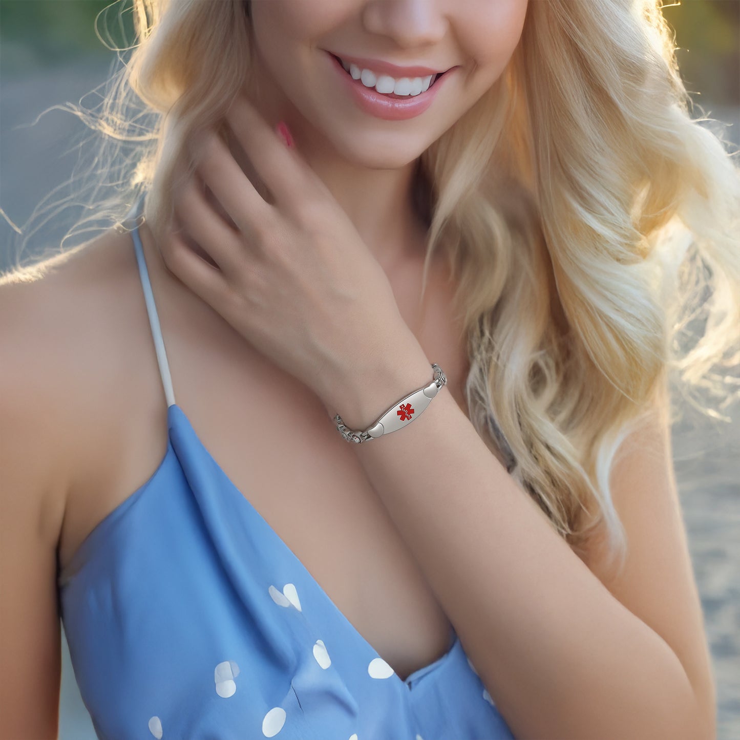 Heart medical id bracelets set in crystal stone with custom engraving for women and girls