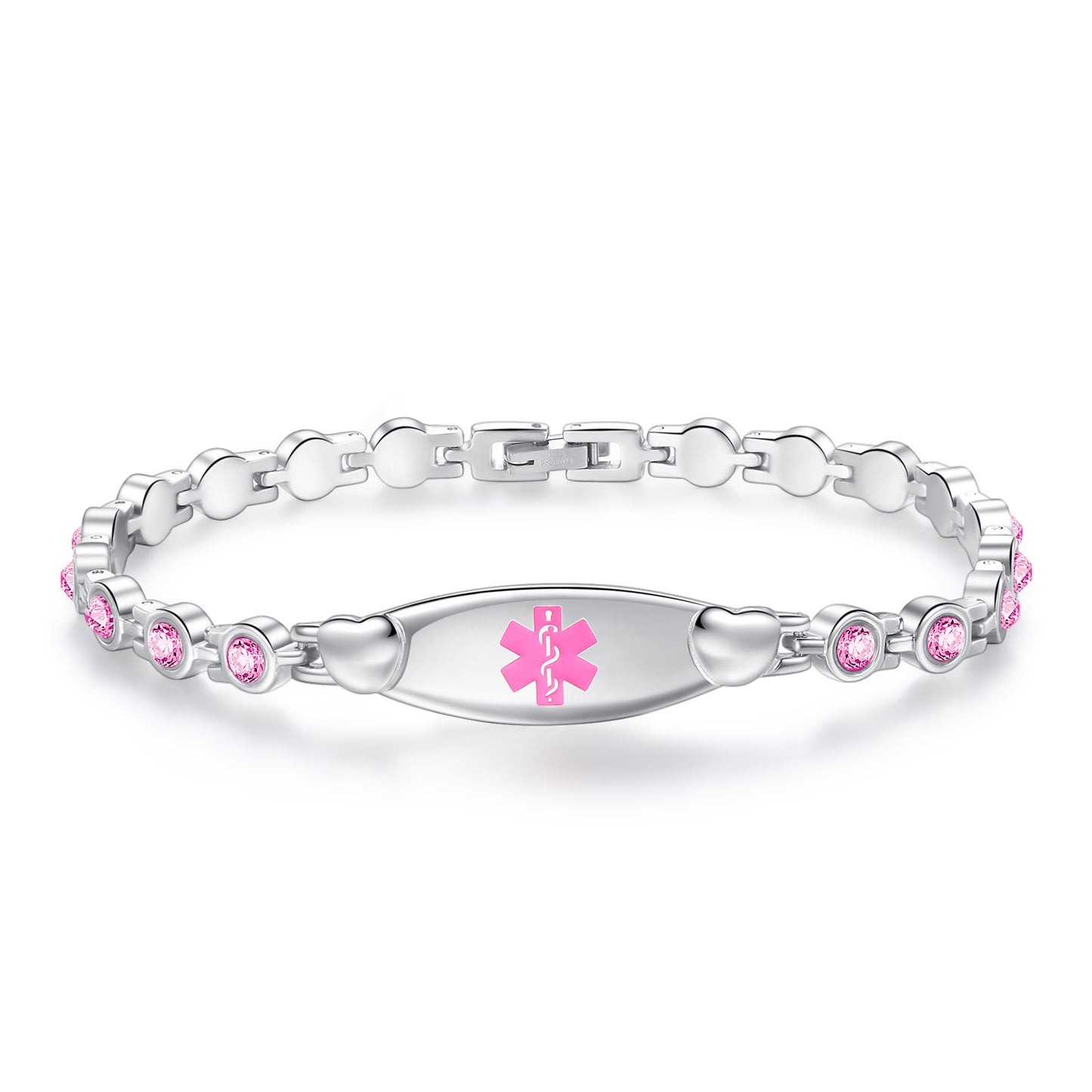 Heart medical id bracelets set in crystal stone with custom engraving for women and girls