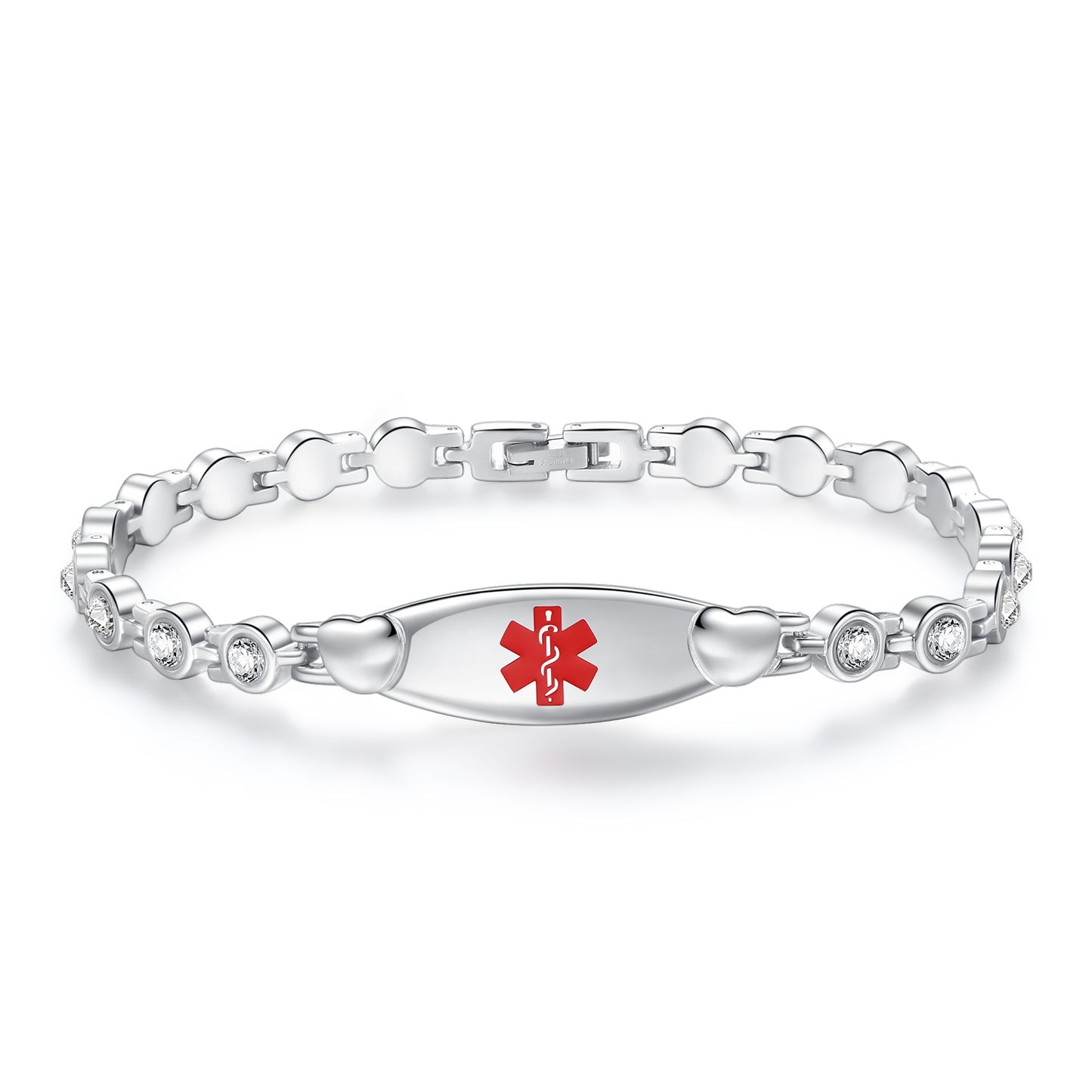 Heart medical id bracelets set in crystal stone with custom engraving for women and girls