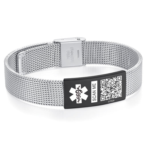 QR code medical id bracelet for men and boy-stainelss steel Mesh medical alert bracelets