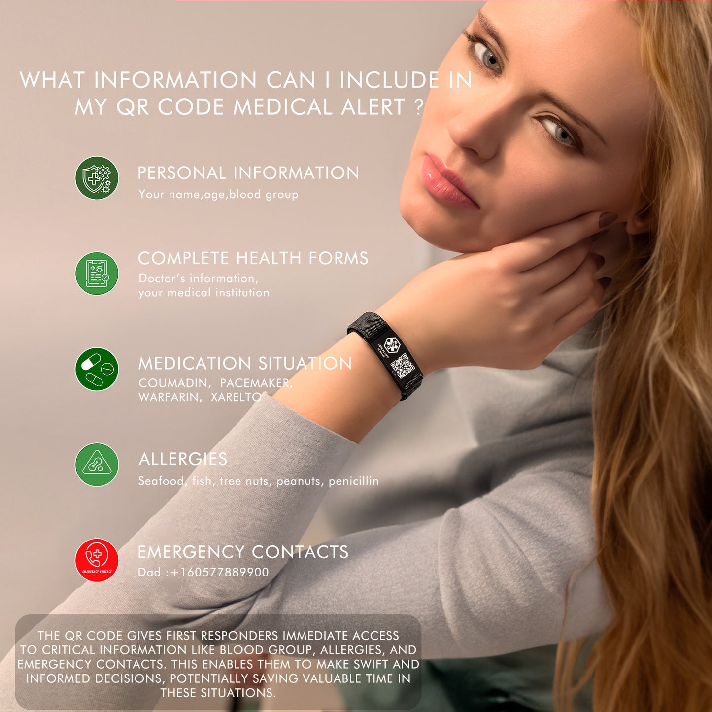 Elastic Strap Medical Alert Bracelet with QR Code for Men & Women