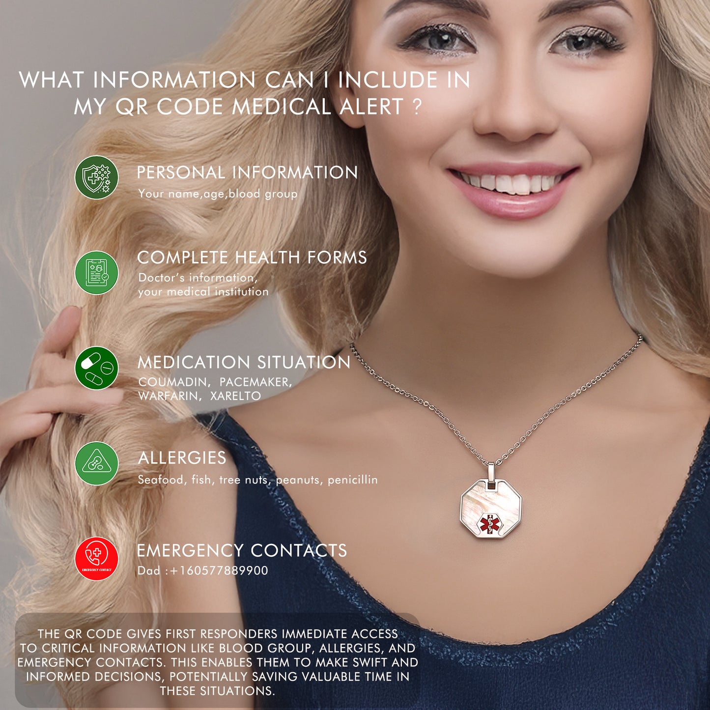 Mother of Pearl QR Medical ID Necklace