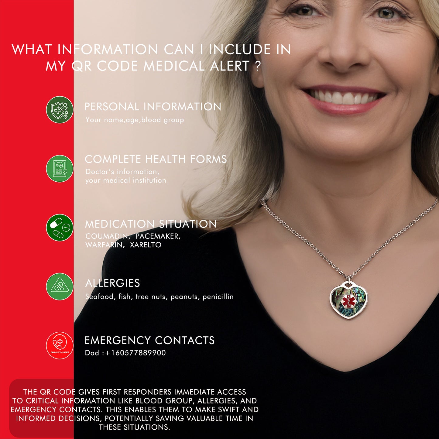 Abalone Shell QR Medical ID Heart Necklace