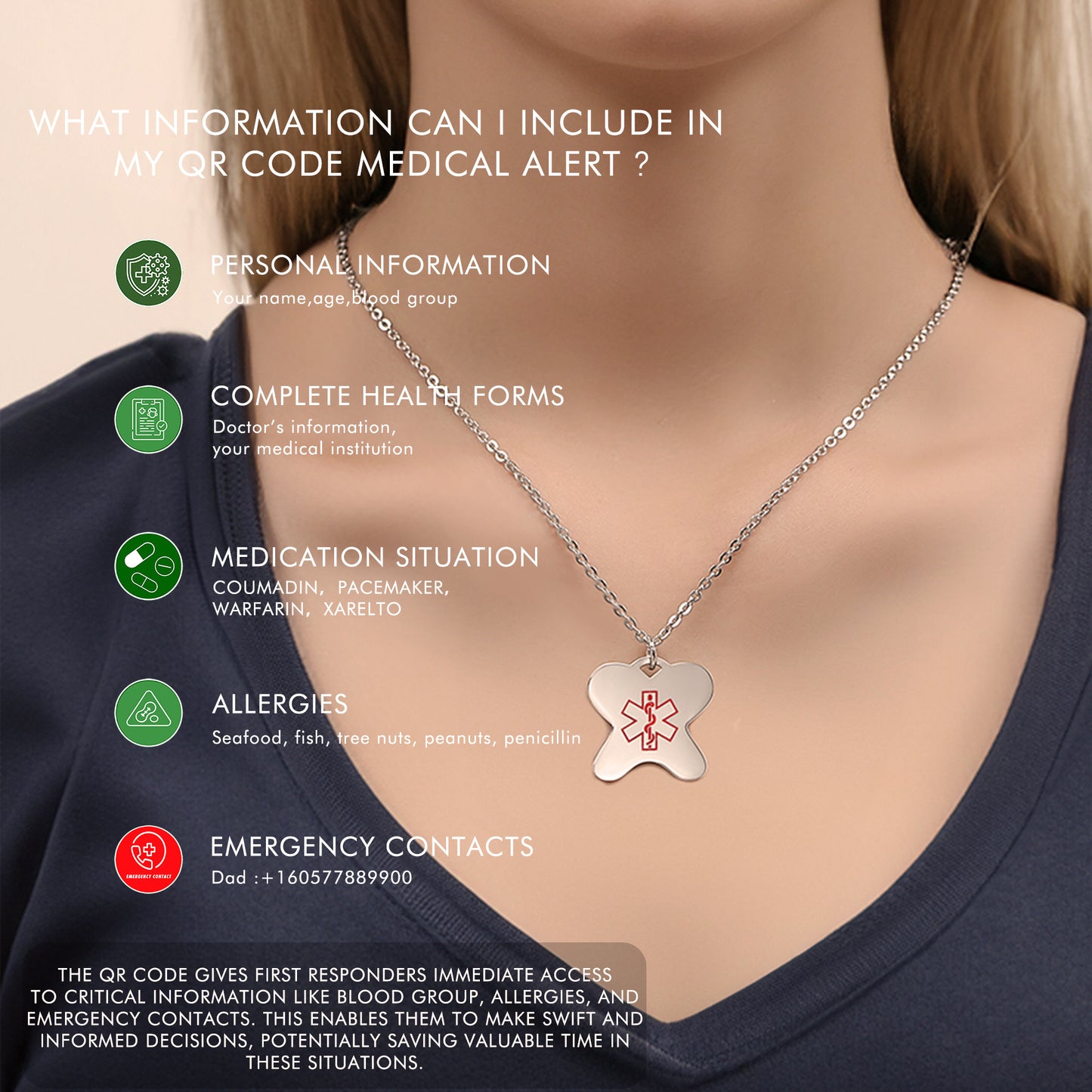 QR code medical id necklace for women and girls-Stainless steel heart,Flowers, stars, Butterfly charm id necklace