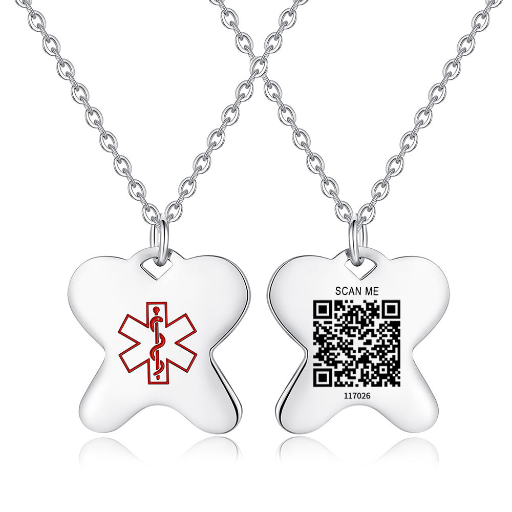 QR code medical id necklace for women and girls-Stainless steel heart,Flowers, stars, Butterfly charm id necklace