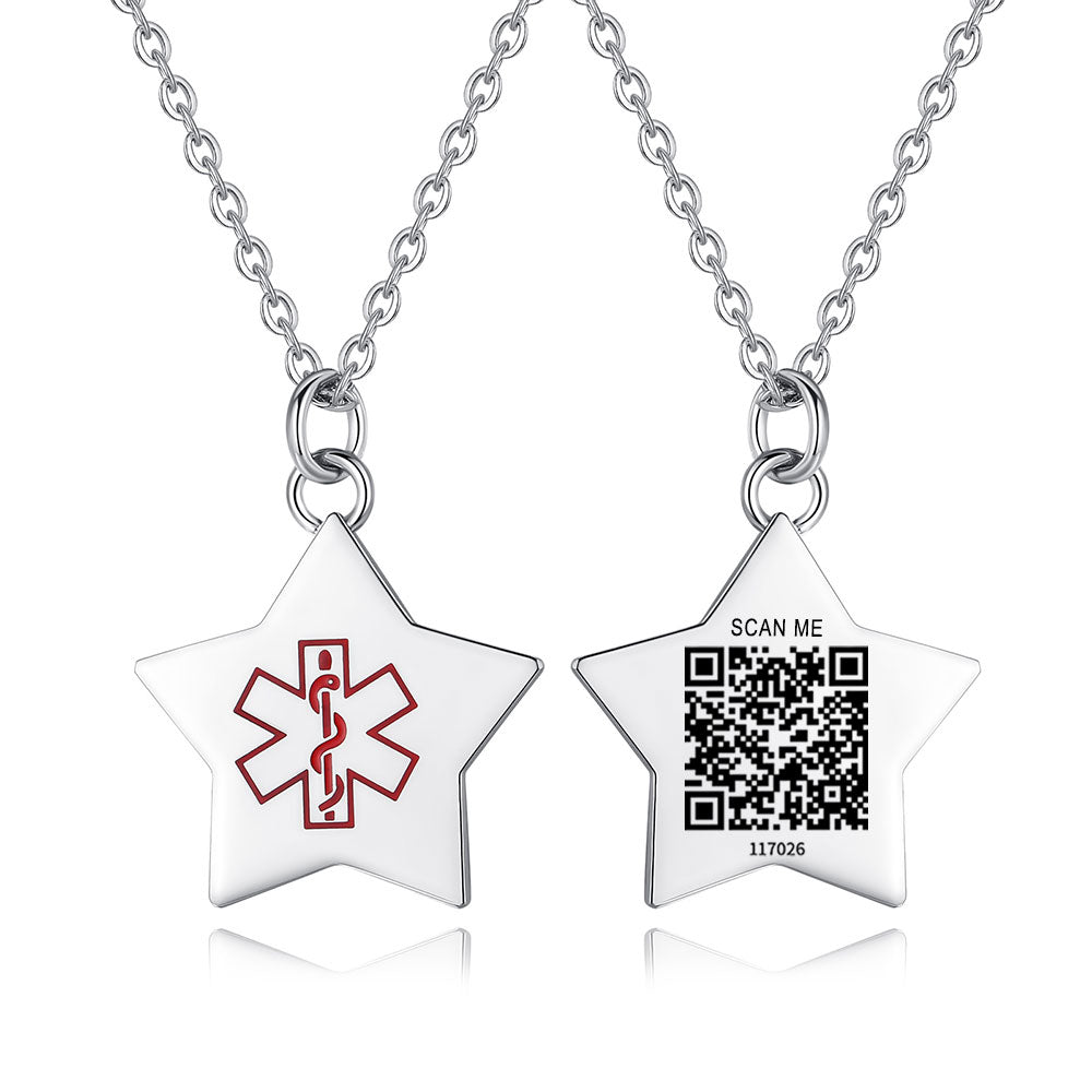 QR code medical id necklace for women and girls-Stainless steel heart,Flowers, stars, Butterfly charm id necklace