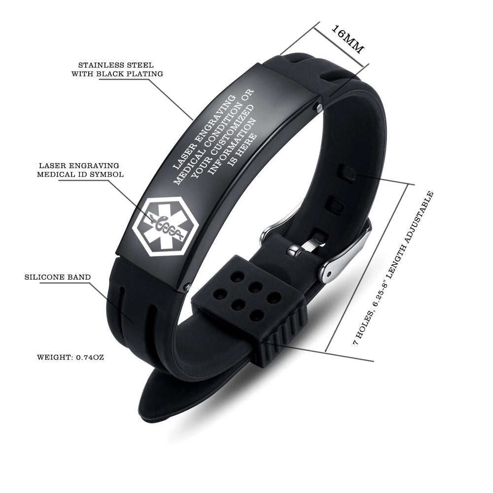 Sport silicone medical id bracelets for men & women with diabetes/blood thinner/allergy/asthma/epilepsy