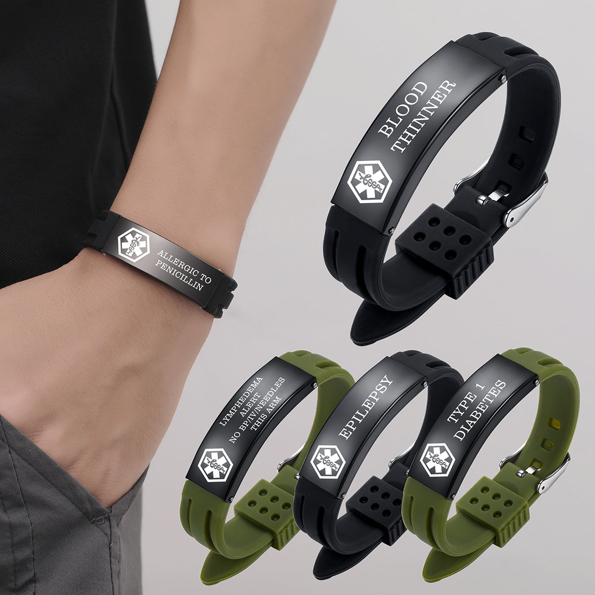 Sport silicone medical id bracelets for men & women with diabetes/blood thinner/allergy/asthma/epilepsy