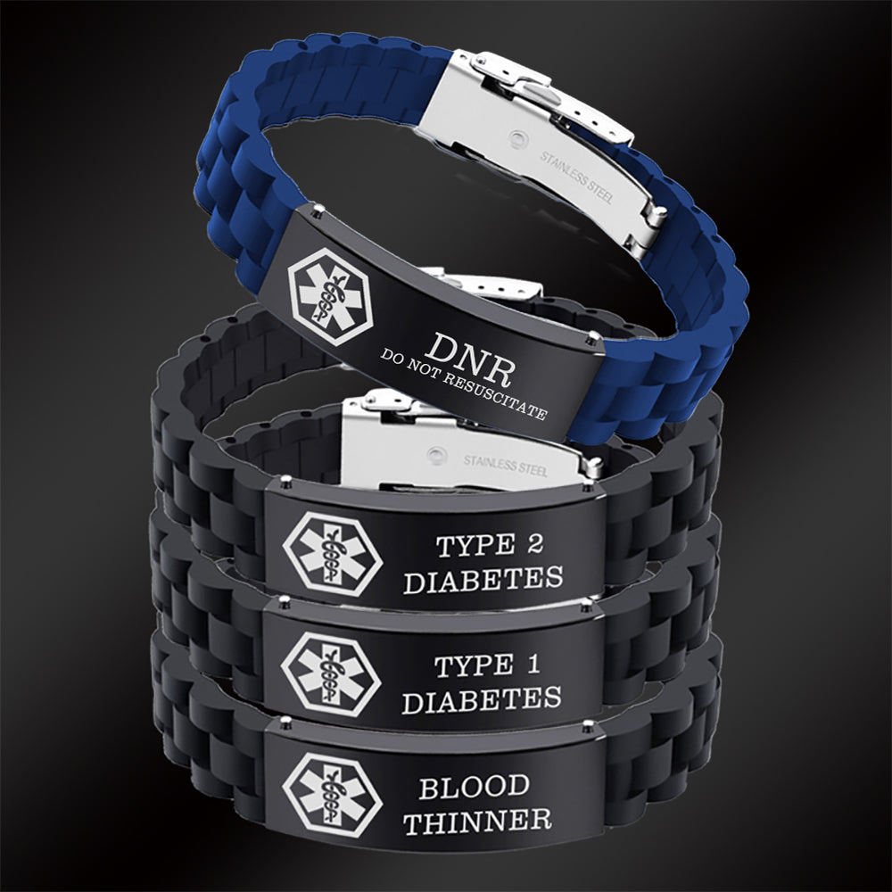 Adjustable Sport silicone medical alert bracelets for men & women for diabetes/blood thinner/allergy/asthma/epilepsy