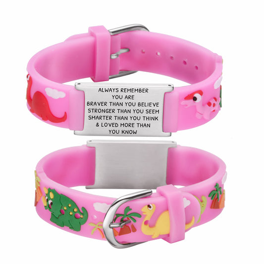 You are Braver Than You Believe Stronger Than You Seem and Smarter Than You Think Inspirational Bracelet for kids-Pink-Dinosaur