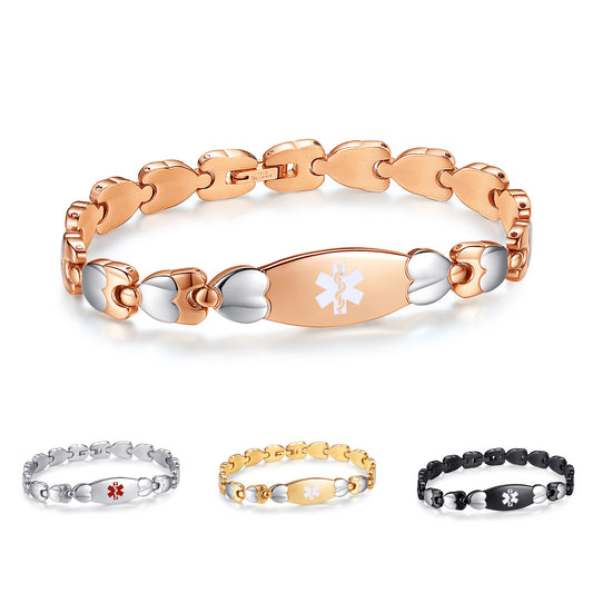 Free engraving Fashion Rose gold Double Heart Medical id bracelet for women