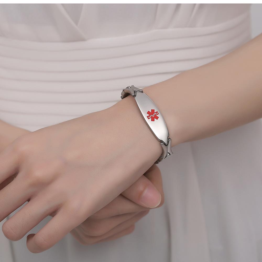 LinnaLove Fashion Shiny medical alert bracelet with Free Engraving Stainless steel Medical id bracelet for Women