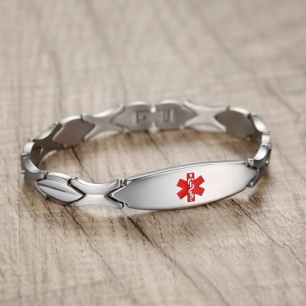 LinnaLove Fashion Shiny medical alert bracelet with Free Engraving Stainless steel Medical id bracelet for Women