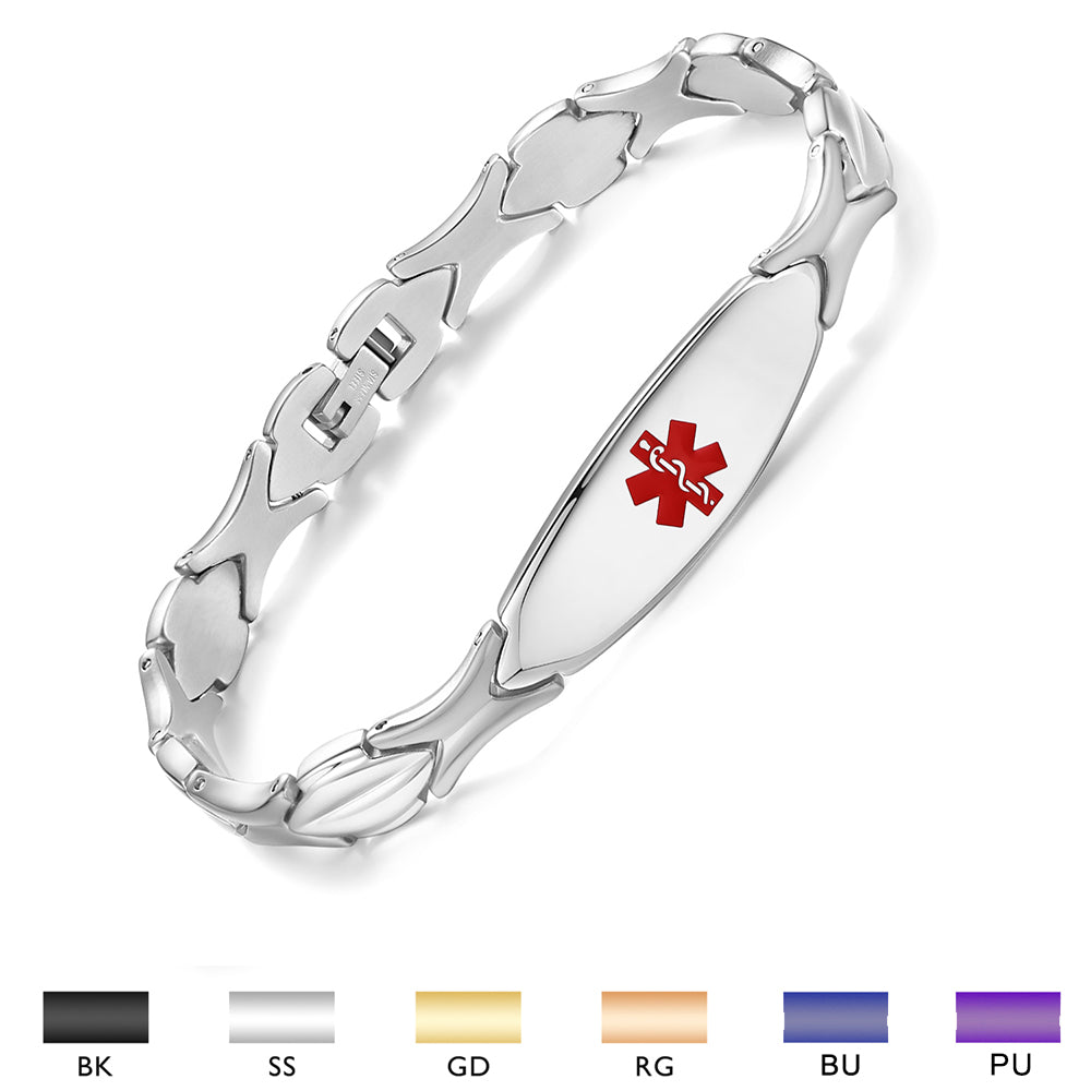 LinnaLove Fashion Shiny medical alert bracelet with Free Engraving Stainless steel Medical id bracelet for Women