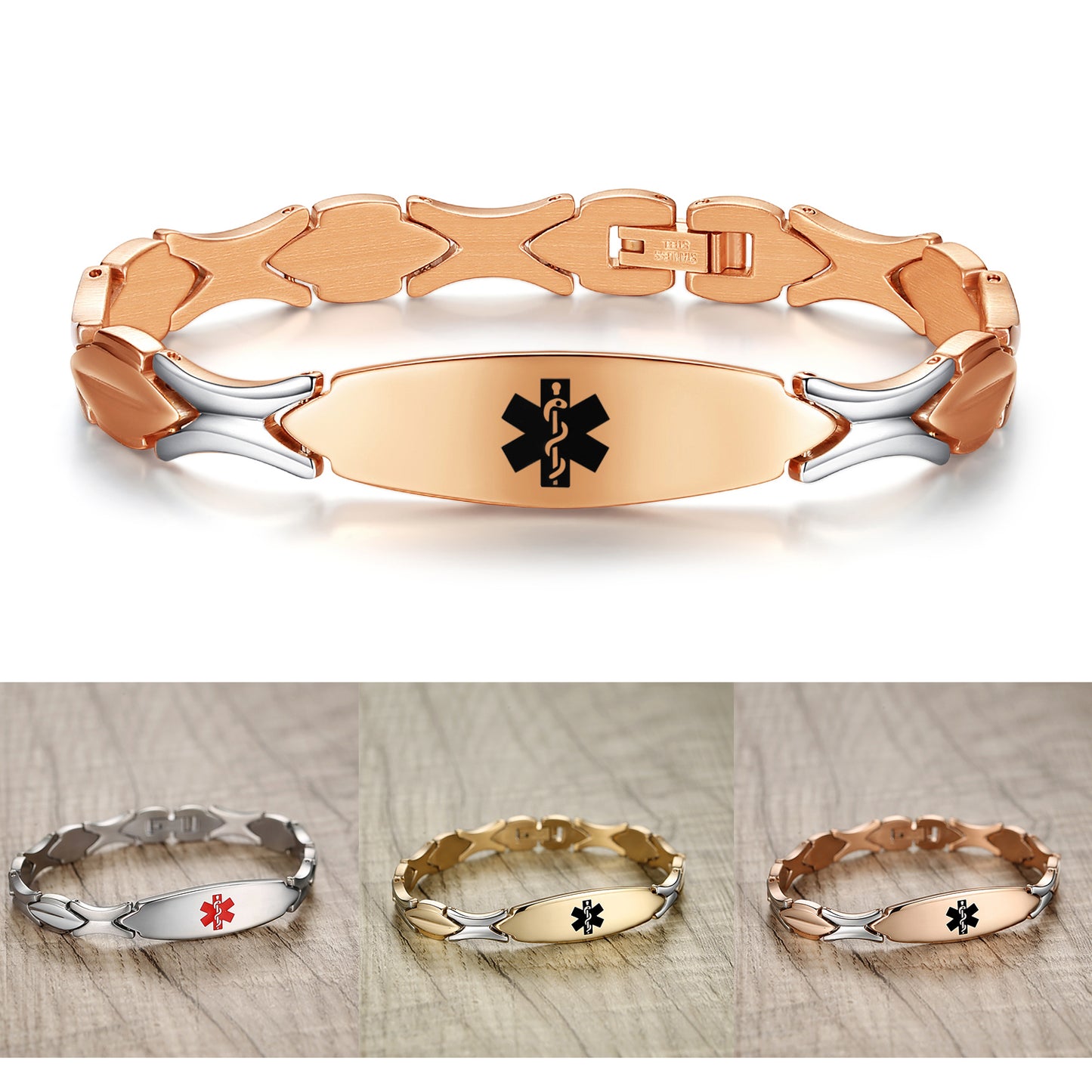 LinnaLove Fashion Shiny medical alert bracelet with Free Engraving Stainless steel Medical id bracelet for Women