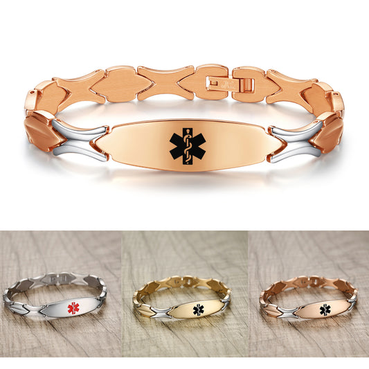 LinnaLove Fashion Shiny medical alert bracelet with Free Engraving Stainless steel Medical id bracelet for Women