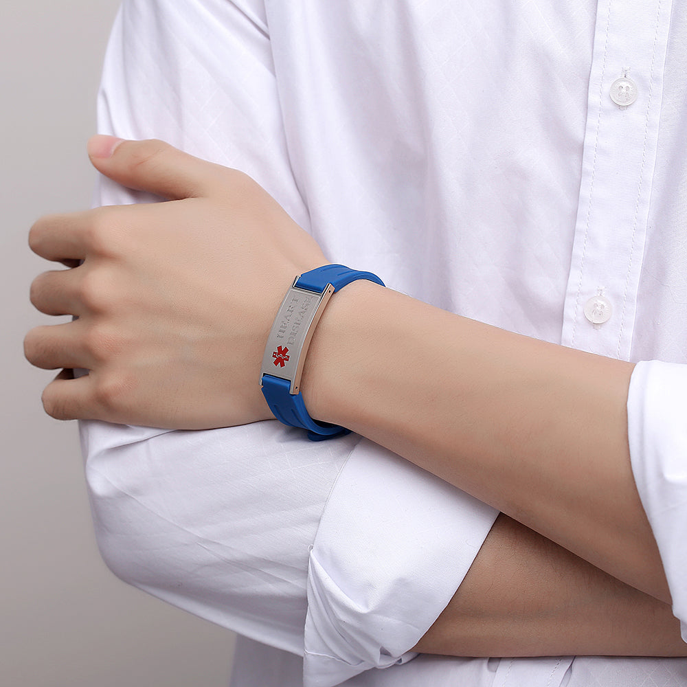 Sports Medical Alert Bracelets for Men & Women Blue Silicone ID Band Suitable for Summer