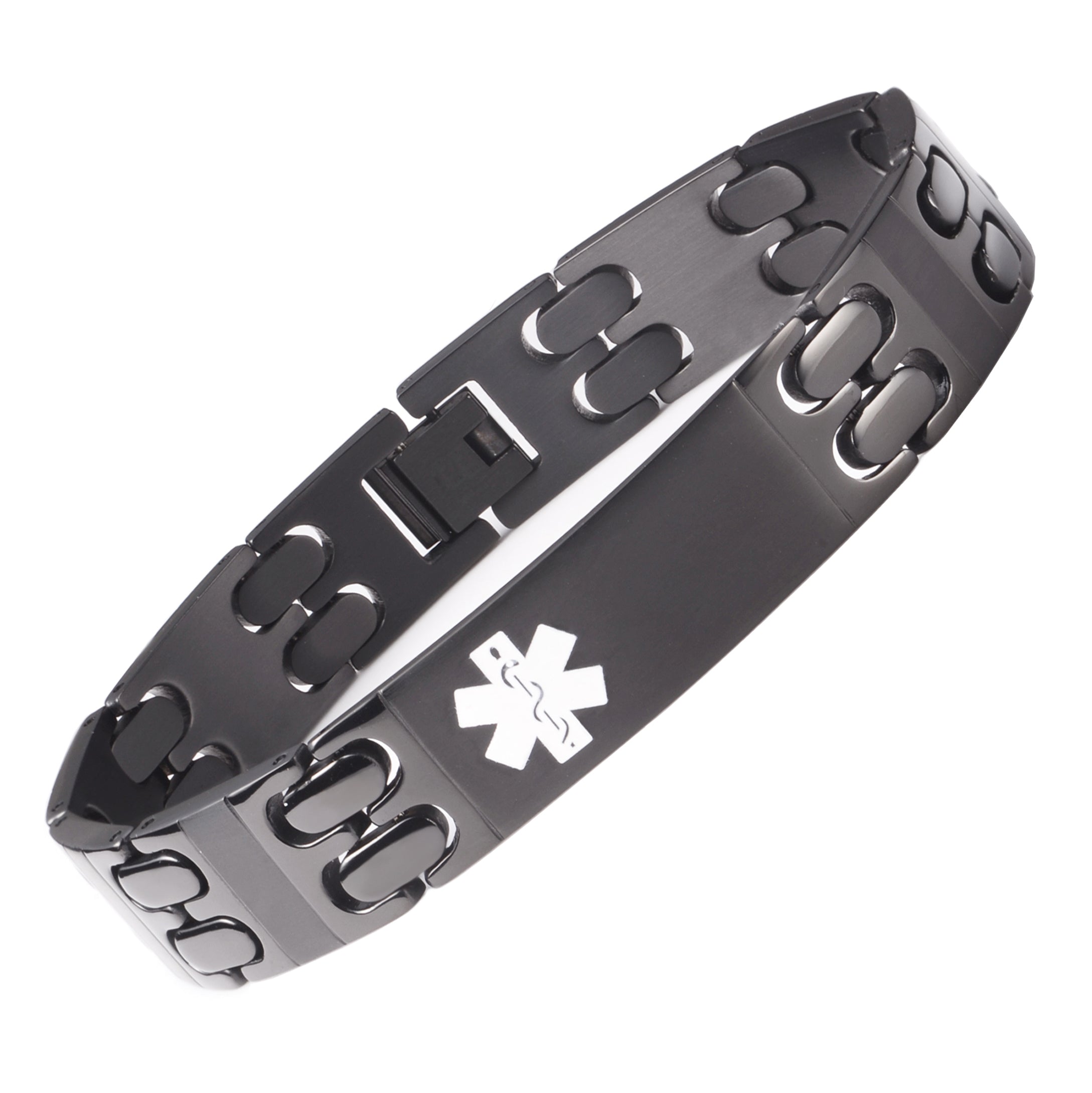 Solid Black Titanium Medical Alert Id Bracelets For Men With Free Engr Linnalove 7462