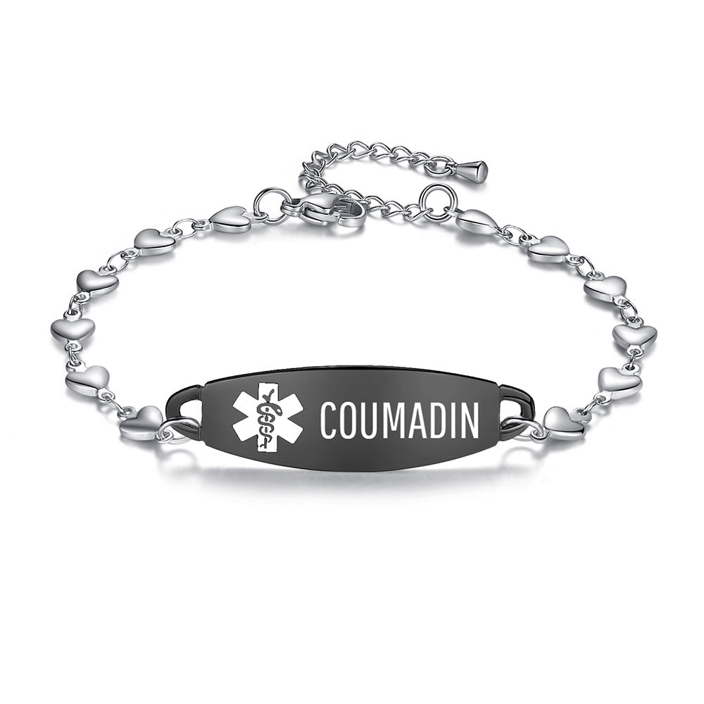 Fashion Heart Chain Medical Alert id Bracelet for Women & Girl