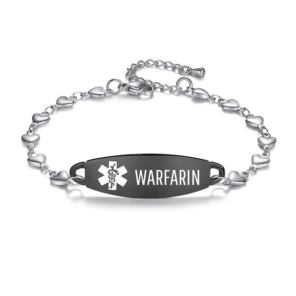 Fashion Heart Chain Medical Alert id Bracelet for Women & Girl