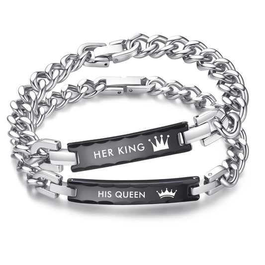 His Queen Her King Bracelets Black Stainless Steel ID for Matching Relationship Bracelets for Couples