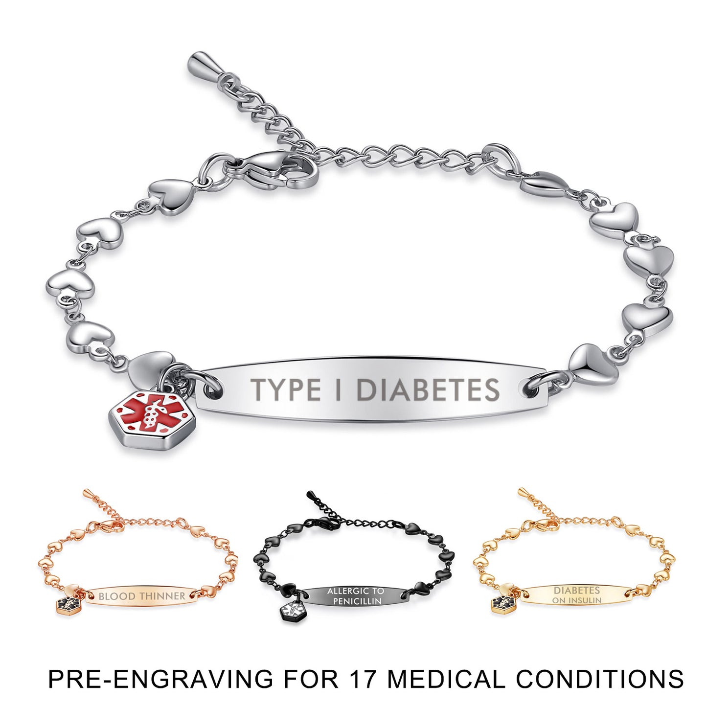 Fashion Heart Chian Medical Alert ID Bracelet for Women with pre-engraving medical conditions