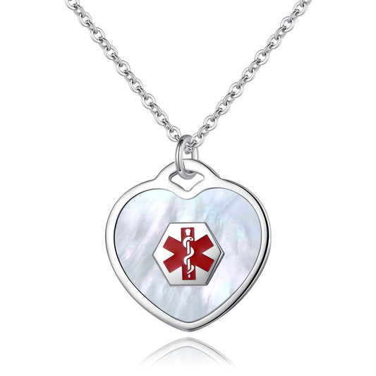 MOP Heart Charm Medical ID Alert Necklaces for Women
