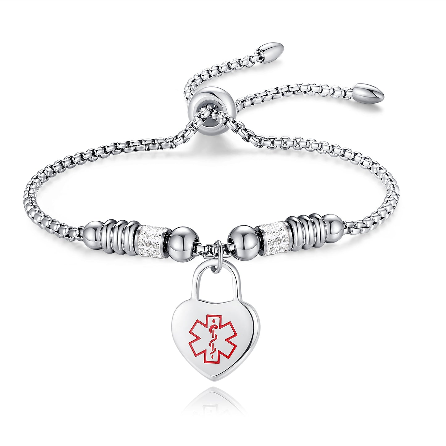 Heart Medical Alert Bracelets for Women Adjustable Slider Box chain Medical id bracelets