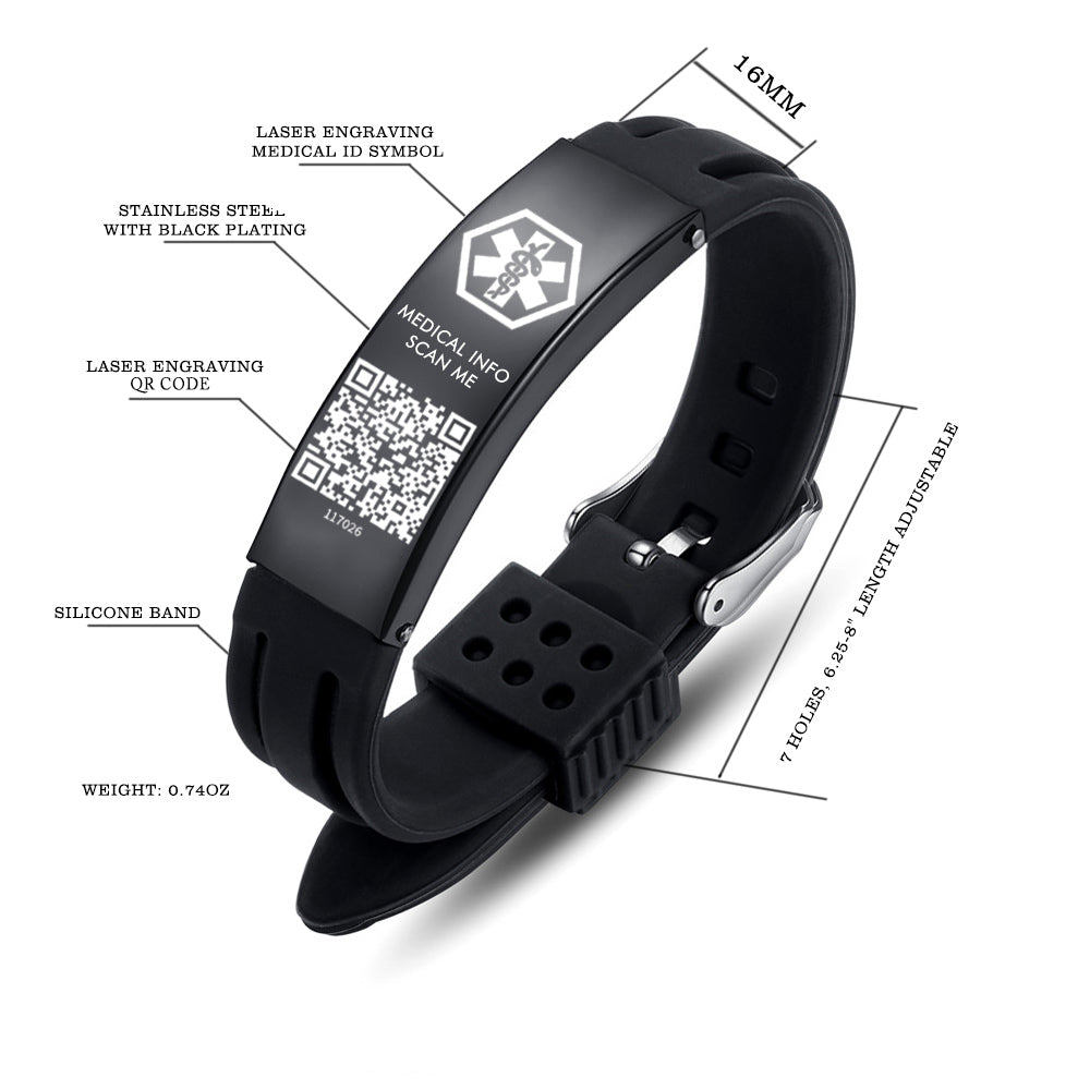 Medical ID Bracelet with QR Code for Women Men, Silicone Adjustable QR Code Medical Alert Bracelets,Dynamic Web Information