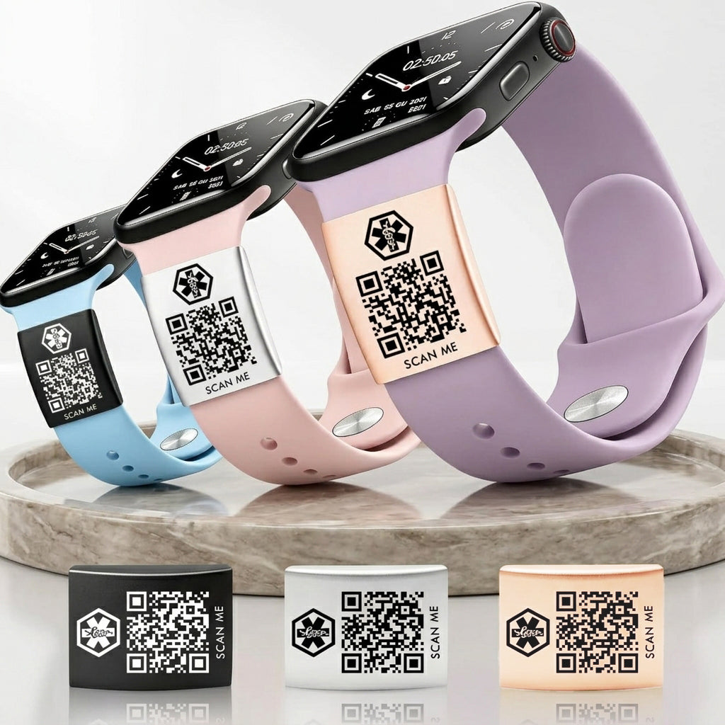 Dynamic QR Code Medical Alert ID Tag for Watch Band | Stainless Steel Emergency ID Plate