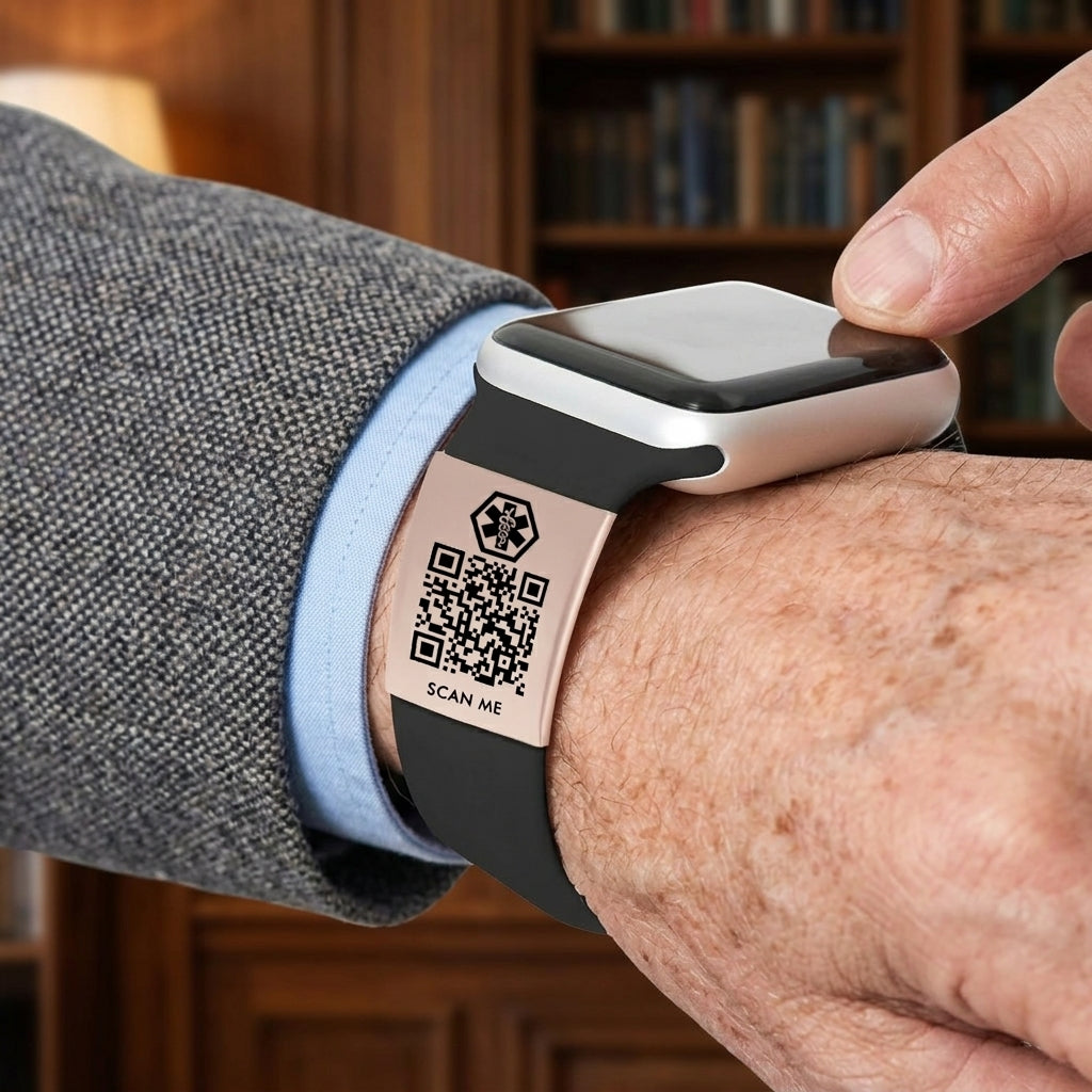 Dynamic QR Code Medical Alert ID Tag for Watch Band | Stainless Steel Emergency ID Plate