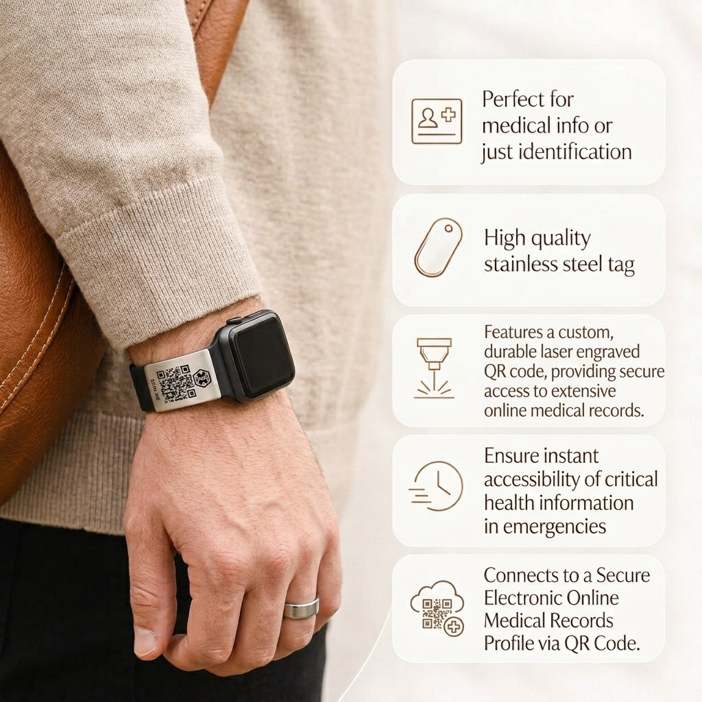 Dynamic QR Code Medical Alert ID Tag for Watch Band | Stainless Steel Emergency ID Plate