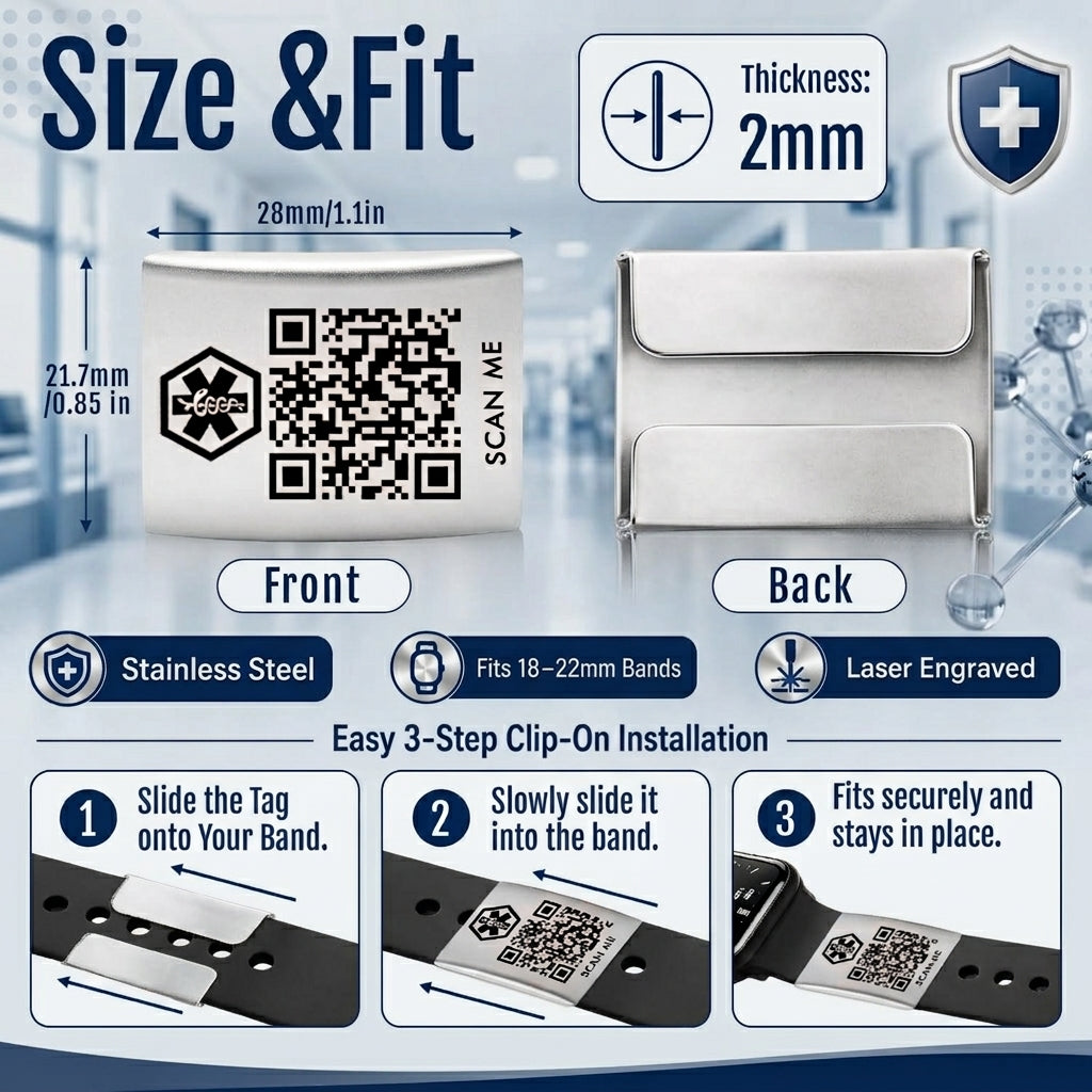 Dynamic QR Code Medical Alert ID Tag for Watch Band | Stainless Steel Emergency ID Plate