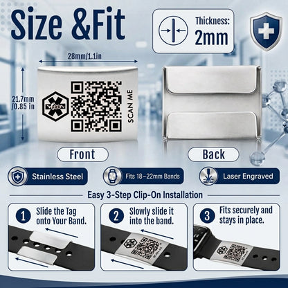 Dynamic QR Code Medical Alert ID Tag for Watch Band | Stainless Steel Emergency ID Plate