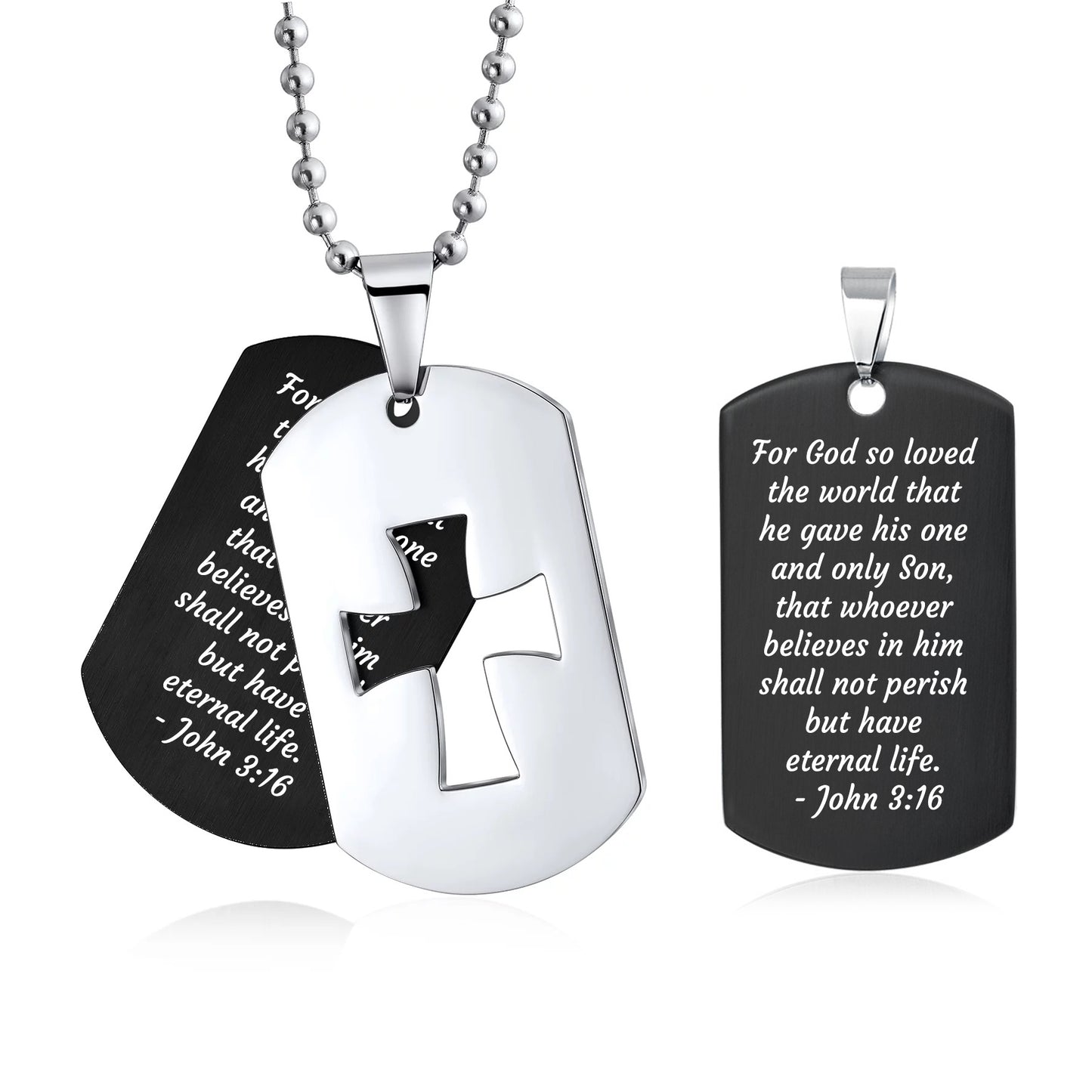 Bible Verse Cross Dog Tag Necklace for Men Stainless Steel Chain 24inch Inspirational Christian Jewelry Meaningful Religious Gift for Boys