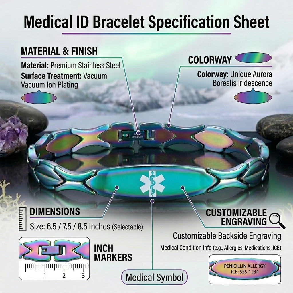 Aurora Green Medical id bracelet for women with Free Customize Engraving - Custom 316L Stainless Steel, Waterproof