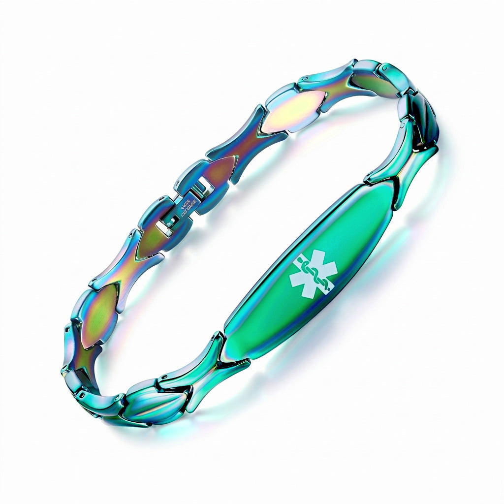 Aurora Green Medical id bracelet for women with Free Customize Engraving - Custom 316L Stainless Steel, Waterproof