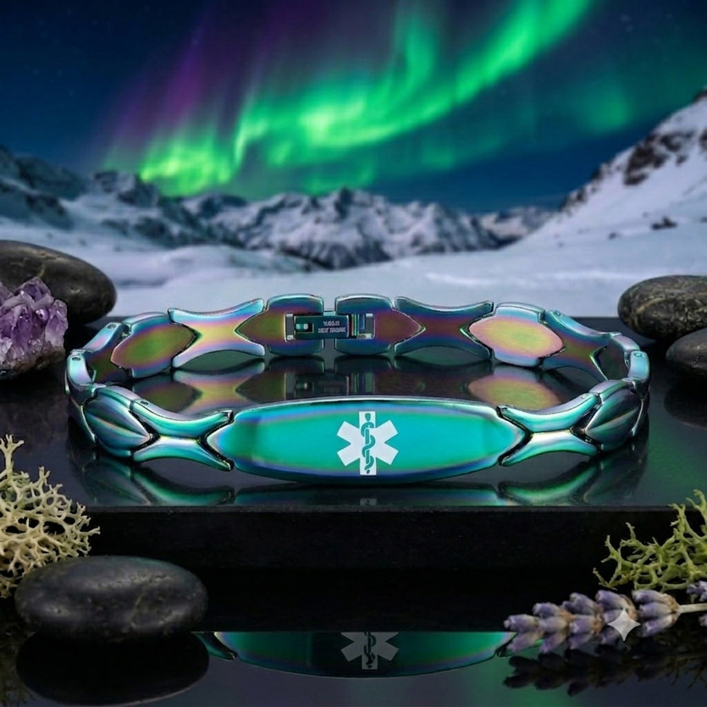 Aurora Green Medical id bracelet for women with Free Customize Engraving - Custom 316L Stainless Steel, Waterproof