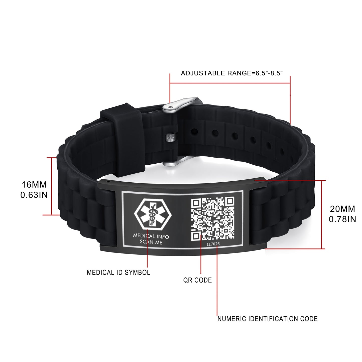 Medical ID Bracelet with QR Code for Women Men, Silicone Adjustable QR Code Medical Alert Bracelets,Dynamic Web Information