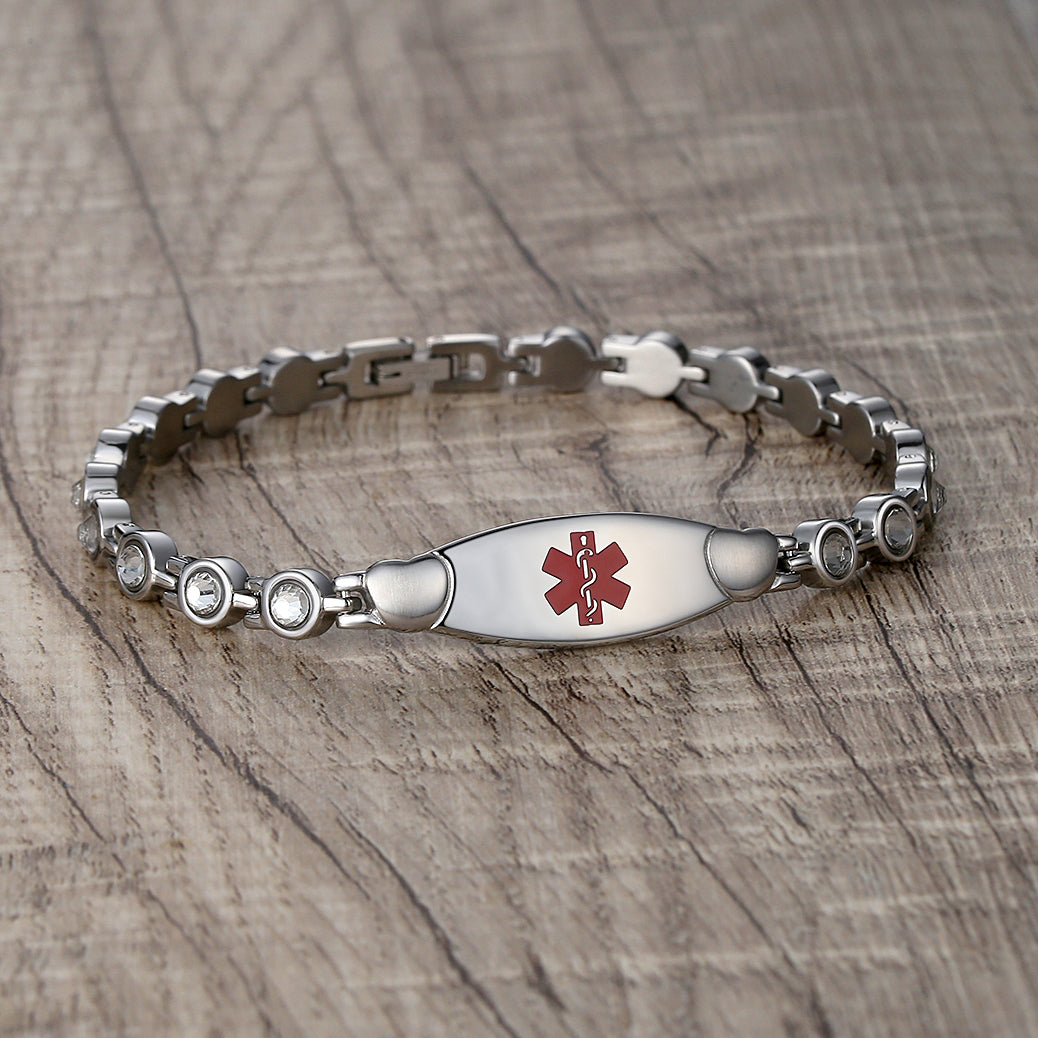 Heart medical id bracelets set in crystal stone with custom engraving for women and girls