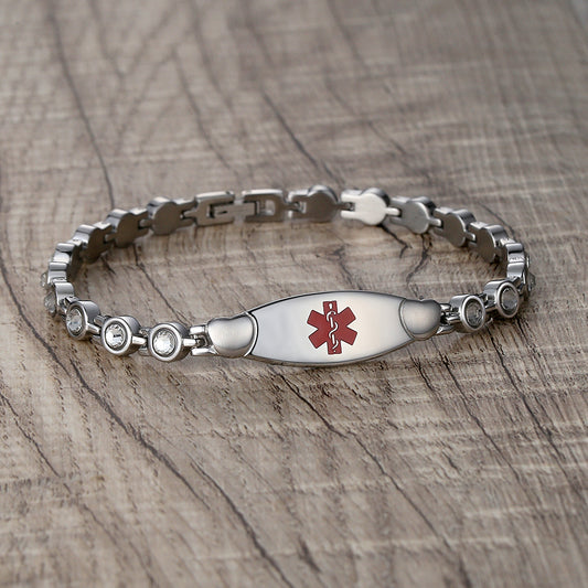Heart medical id bracelets set in crystal stone with custom engraving for women and girls