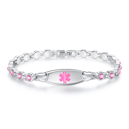 Heart medical id bracelets set in crystal stone with custom engraving for women and girls