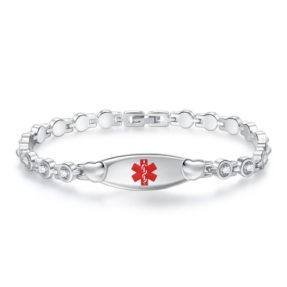 Heart medical id bracelets set in crystal stone with custom engraving for women and girls