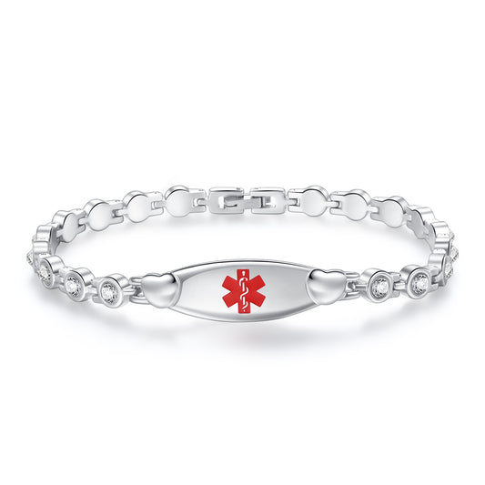 Heart medical id bracelets set in crystal stone with custom engraving for women and girls