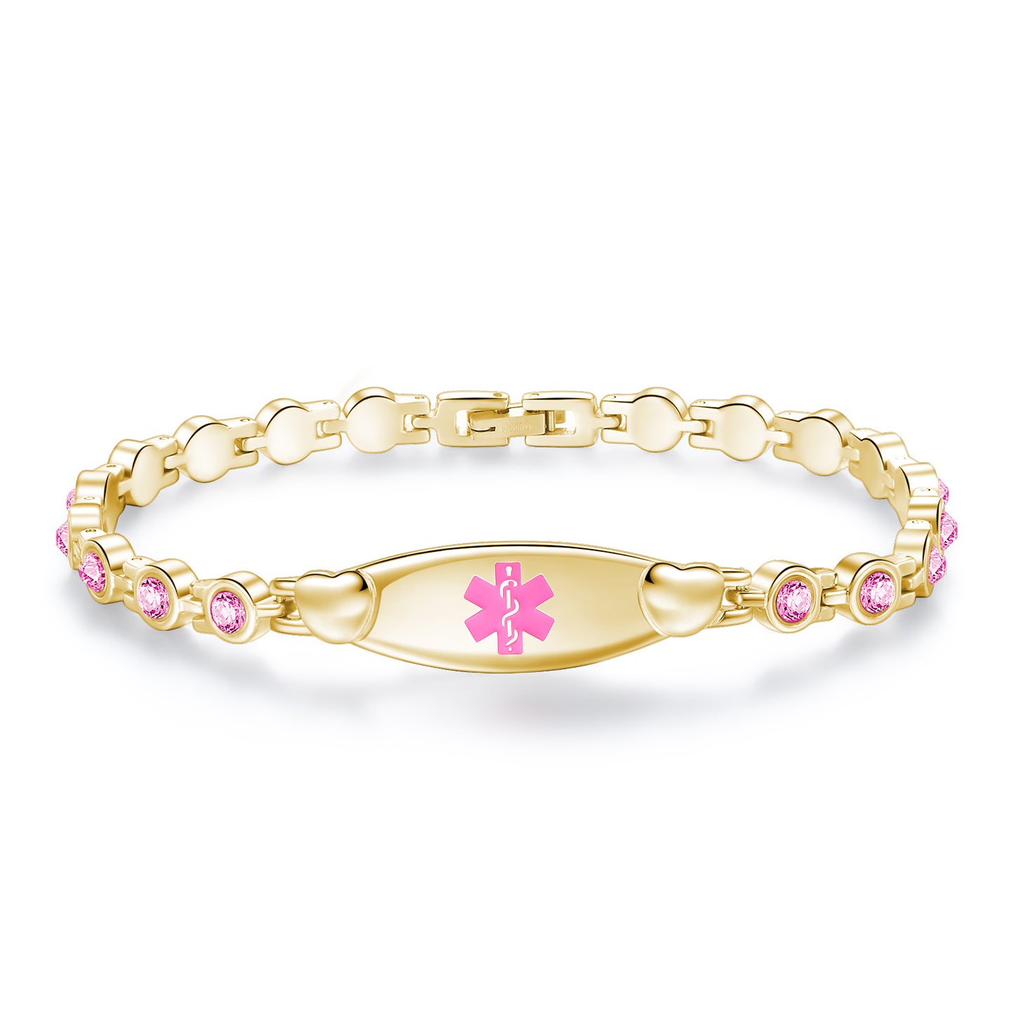 Heart medical id bracelets set in crystal stone with custom engraving for women and girls