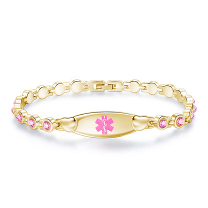 Heart medical id bracelets set in crystal stone with custom engraving for women and girls