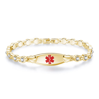 Heart medical id bracelets set in crystal stone with custom engraving for women and girls